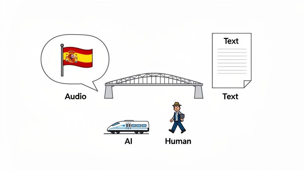 Diagrama que ilustra la transcripción de audio a texto de audio en español a texto, realizada por IA o transcriptores humanos.