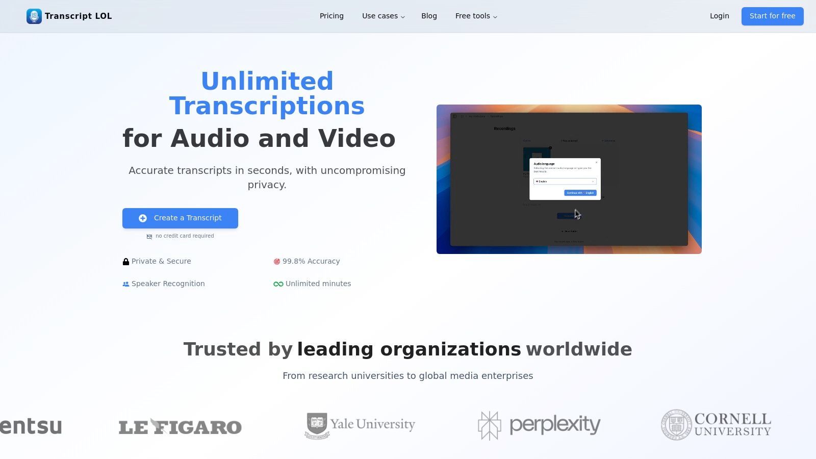 Transcript.LOL Interface showing a video transcript with speaker labels and editing tools