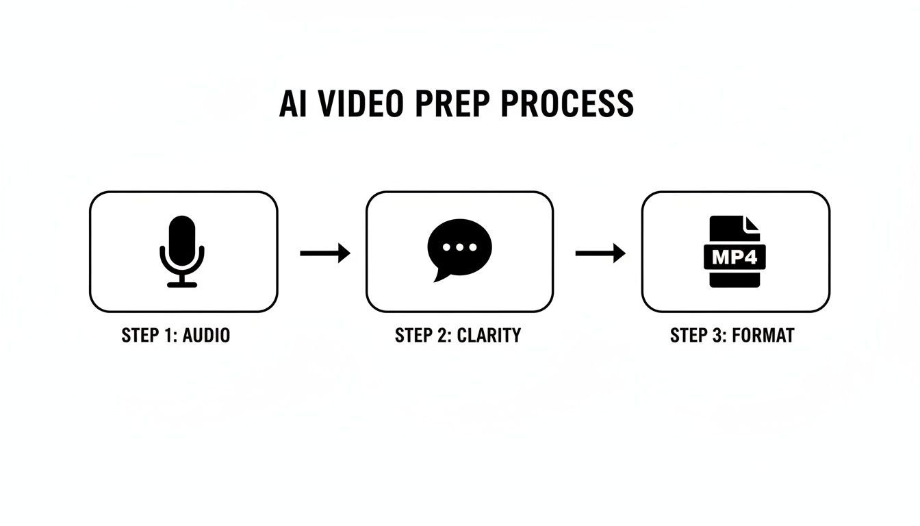 Diagramma che mostra il processo di preparazione video AI: passaggi audio, chiarezza e formato MP4.