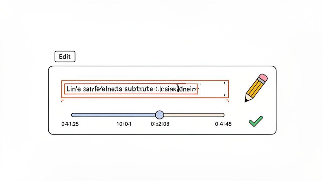 A video editing interface showing a subtitle text box with text, a timeline, and edit controls.