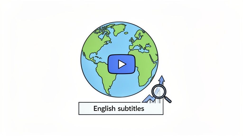 Cartoon globe with a play button, 'English subtitles' text box, and a magnifying glass on a rising trend graph.