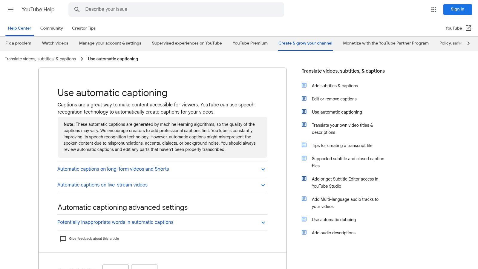 YouTube Studio (Automatic Captions)