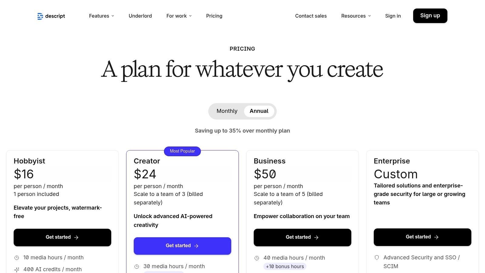 Descript Pricing Plans