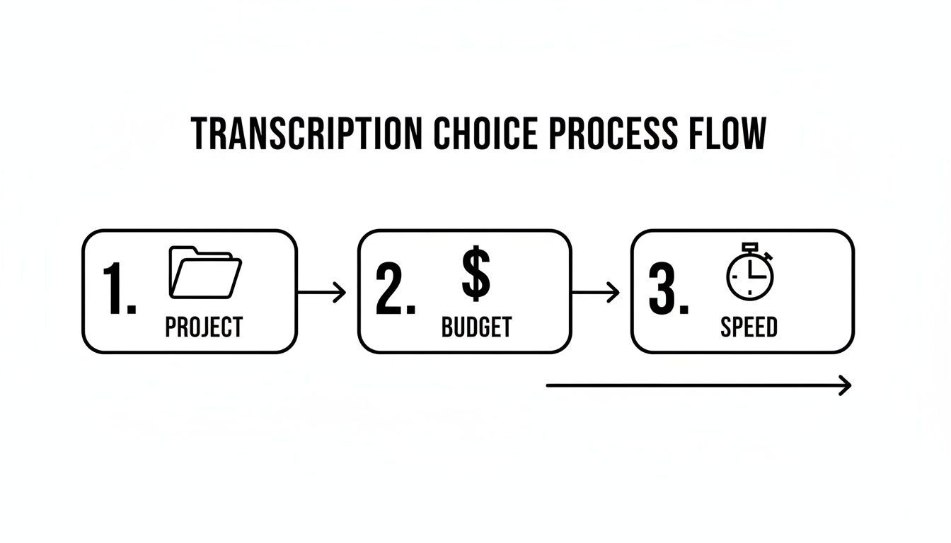 A transcription choice process flow chart showing three steps: project, budget, and speed.