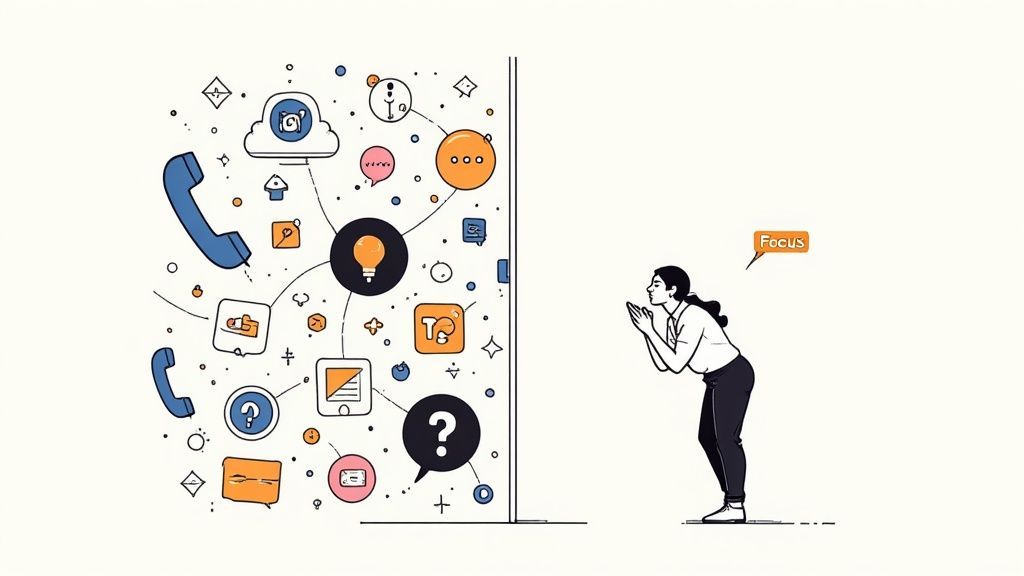 A person trying to focus against a wall of overwhelming digital communication and task icons.