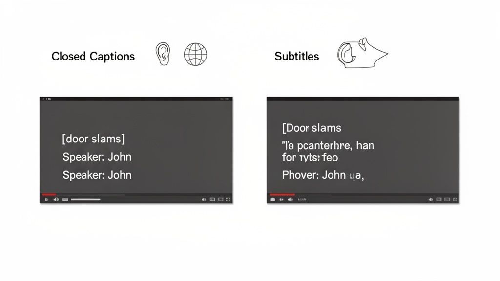 Una imagen que compara subtítulos descriptivos, que incluyen efectos de sonido e identificación de hablantes, con subtítulos para contenido en idiomas extranjeros.