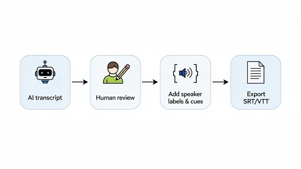 Un diagrama de flujo de cuatro pasos que representa el proceso de creación de subtítulos: transcripción de IA, revisión humana, adición de etiquetas de hablante y señales, y luego exportación como SRT/VTT.