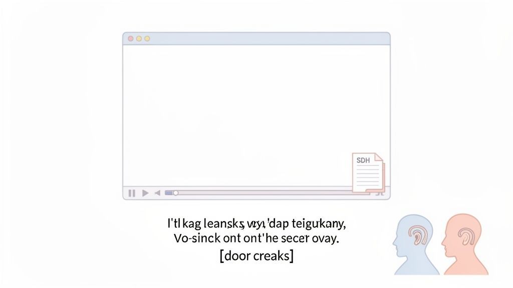 Video player showing SDH subtitles with foreign language text and hearing accessibility icons.