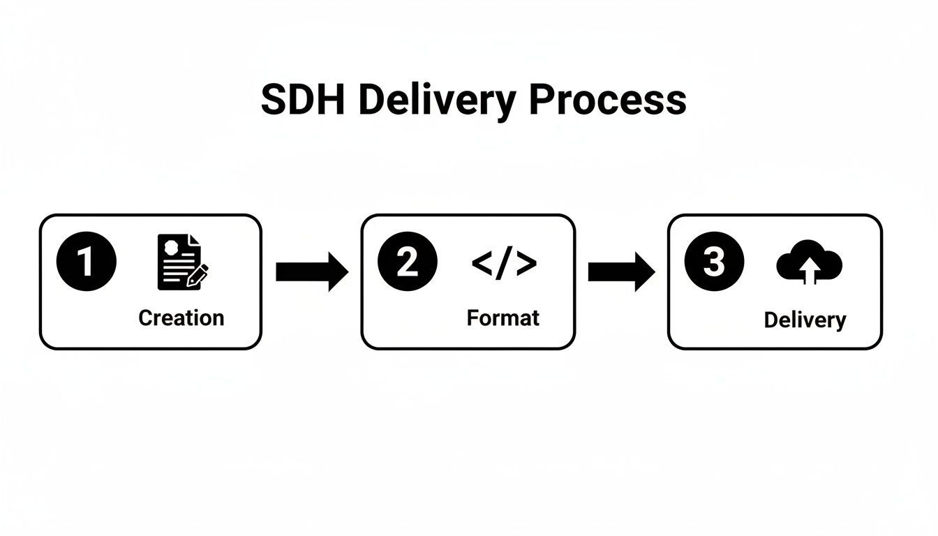A flowchart illustrating the SDH delivery process, including creation, formatting, and final delivery steps.
