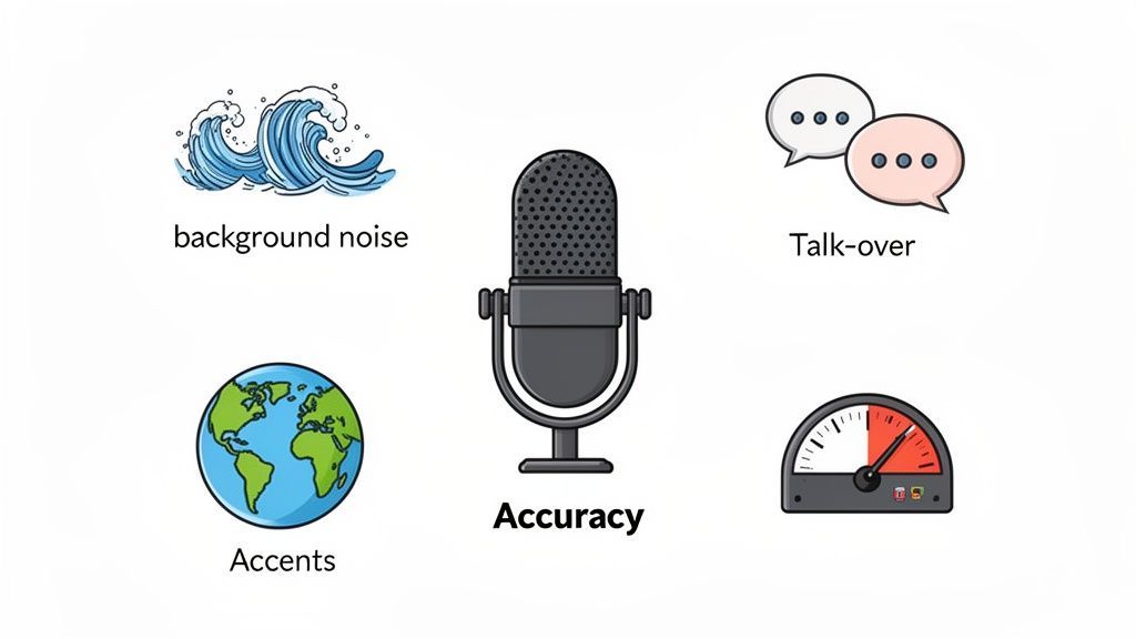A microphone labeled 'Accuracy' surrounded by icons for background noise, talk-over, and accents, showing transcription challenges.