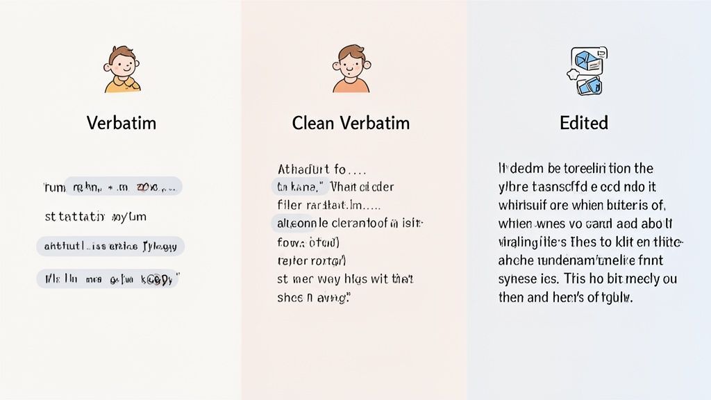 Three panels illustrating different stages of text transcription: verbatim, clean verbatim, and edited versions.
