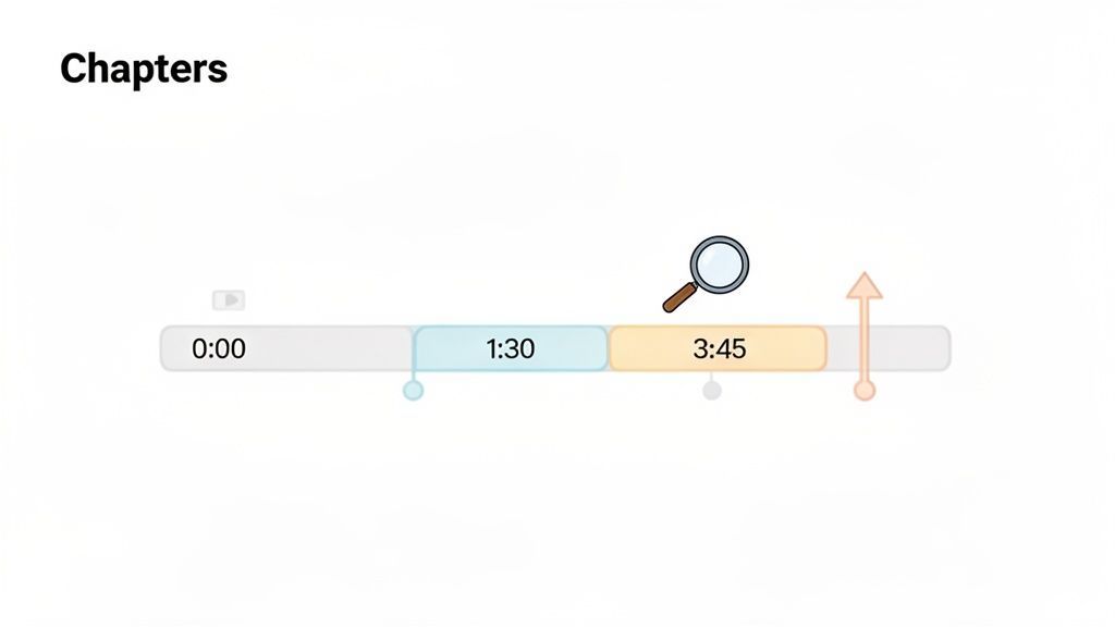 Una línea de tiempo de video que muestra capítulos con marcadores de tiempo 0:00, 1:30 y 3:45, y un icono de lupa.