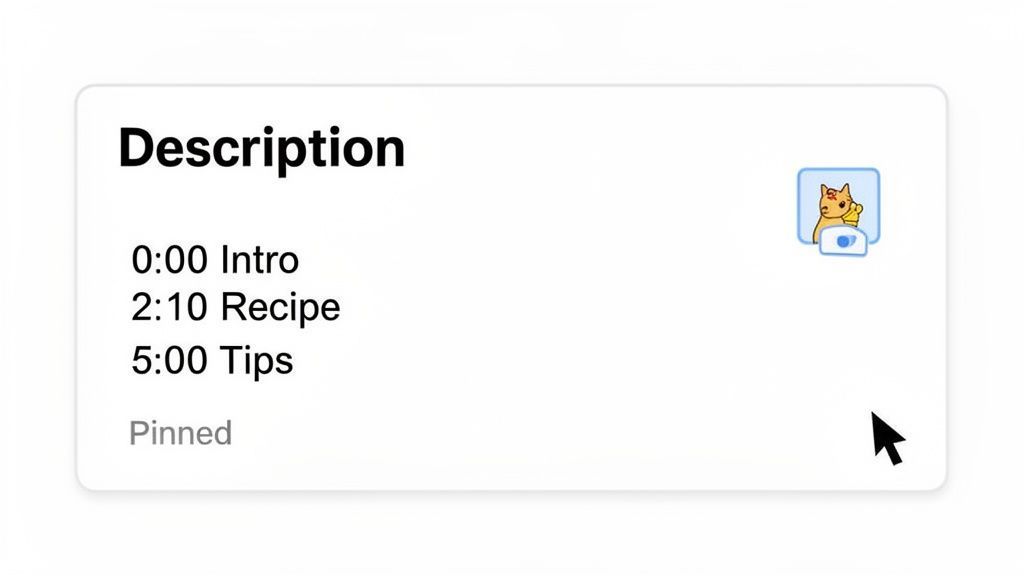 Una caja de descripción de YouTube con capítulos marcados por tiempo: Introducción, Receta y Consejos, junto con un comentario fijado.