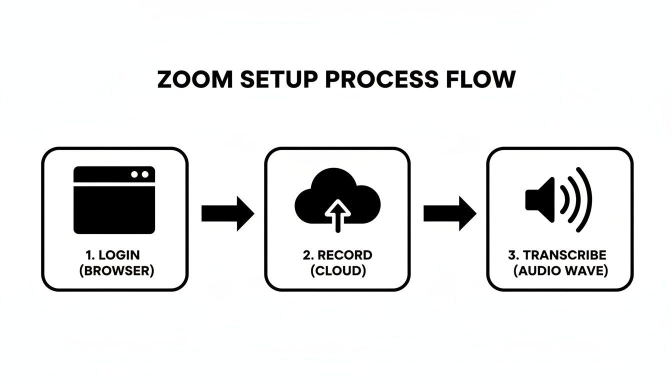 A simple three-step diagram illustrating the Zoom setup process flow: login, record to cloud, and transcribe audio.