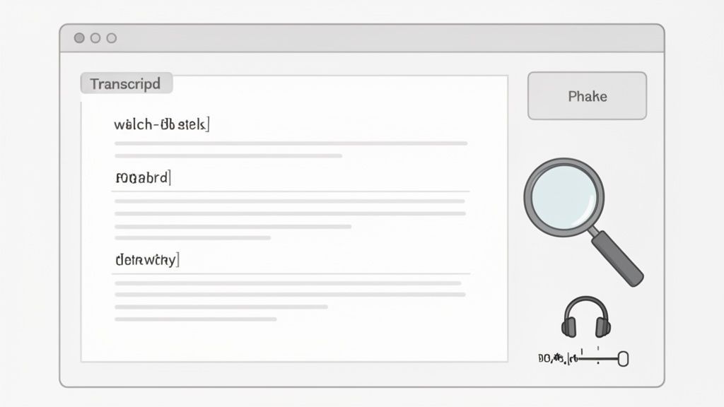 A desktop application interface titled 'Transcripd' displaying phonetic text, a search icon, and headphones.