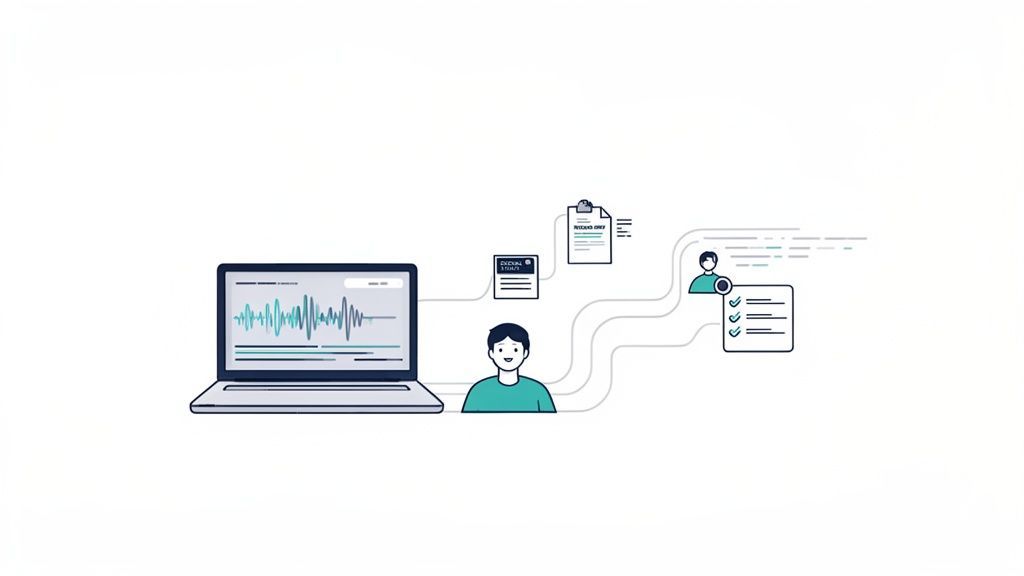 Illustration of a laptop analyzing audio waves, connecting a user to digital documents and a checklist.